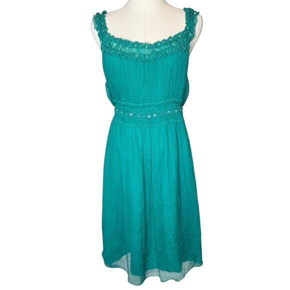Max Studio Vintage Silk Chiffon Dress Green Beaded Ruffle Smocked size Medium - Picture 1 of 7